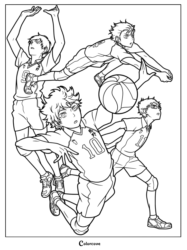 Página para colorear de Haikyu con Shoyo Hinata, Tobio Kageyama, Yu Nishinoya y Kei Tsukishima en poses de voleibol dinámicas y en plena acción.