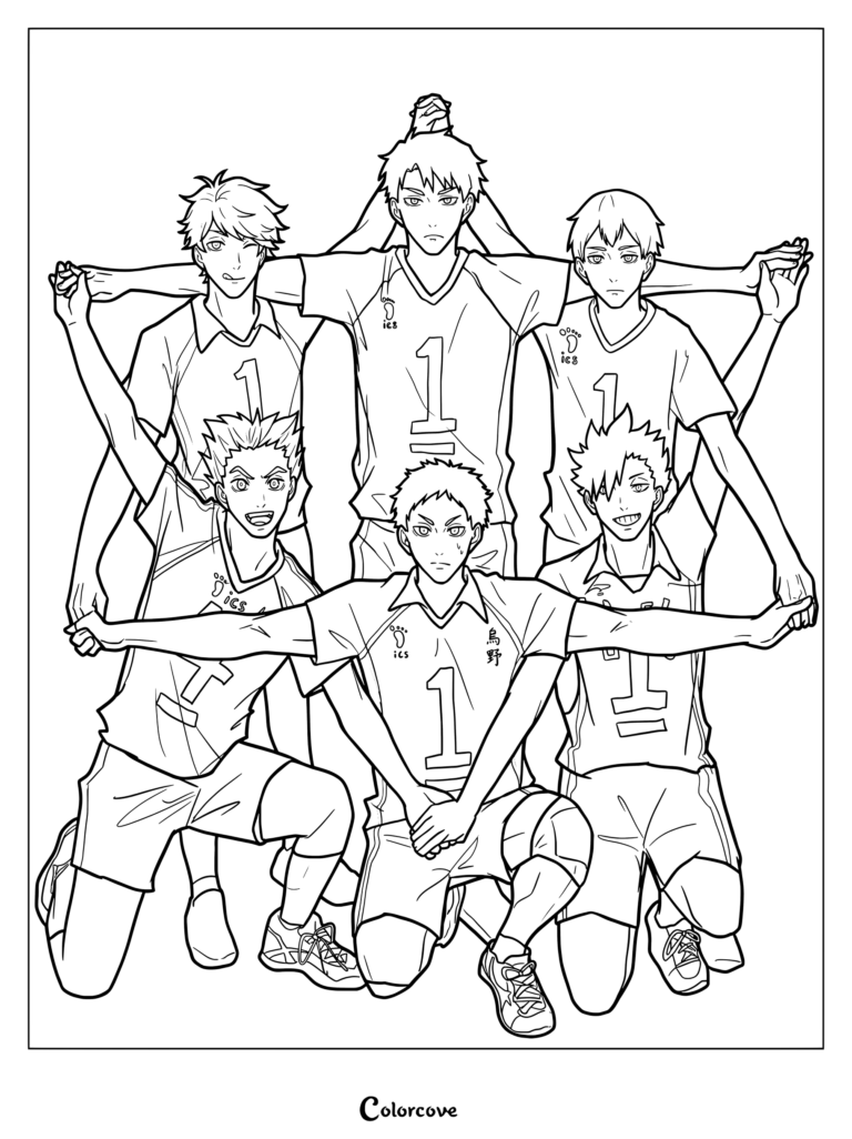 Página para colorear de Haikyu con los capitanes de equipo de la serie de anime y manga Haikyu!! posando juntos.