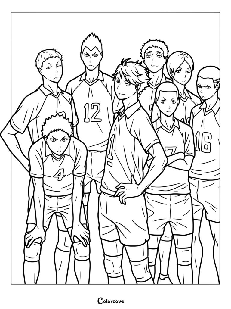 Página para colorear de Haikyu con el equipo de vóleibol masculino de Aoba Johsai High liderado por el capitán Toru Oikawa con el número 1.