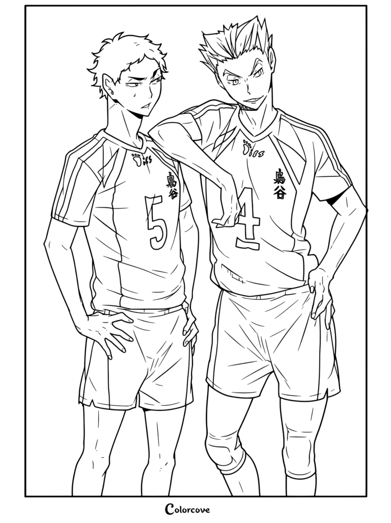 Miembros del club de vóleibol de Fukurodani, Keiji Akaashi número 5 y Kotaro Bokuto número 4, sonriendo y recostados con confianza en página para colorear de Haikyu