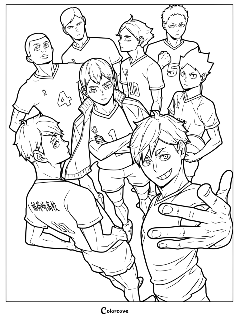 Página para colorear imprimible de Haikyu que muestra la ilustración de portada oficial del Volumen 4 de la Temporada 4 con miembros del equipo de vóleibol de Inarizaki High.