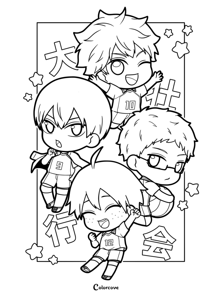 Página para colorear de Haikyu al estilo chibi con Shoyo Hinata, Tobio Kageyama, Kei Tsukishima y Tadashi Yamaguchi con camisetas de Karasuno.