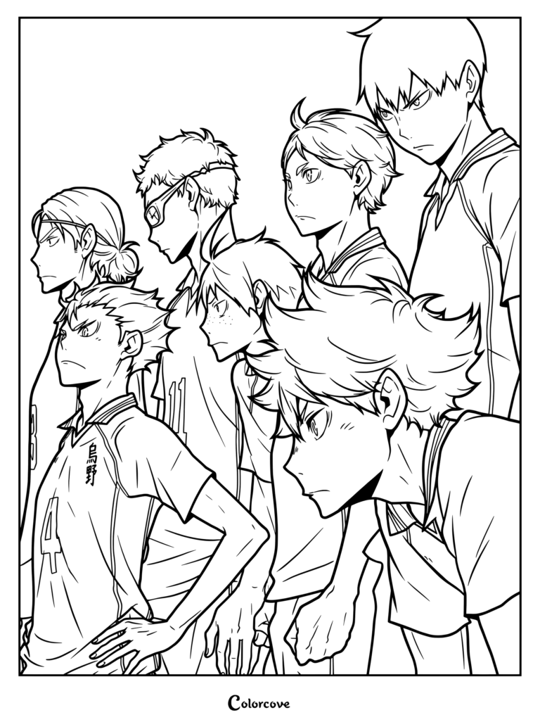 Una página para colorear imprimible con miembros del equipo de voleibol de Karasuno High School de la serie de anime y manga Haikyu.