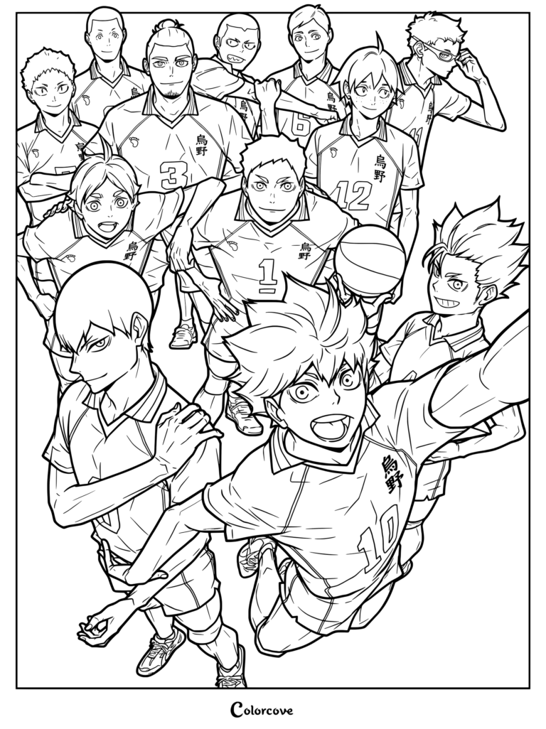 Página para colorear del equipo de voleibol de Karasuno High School del lanzamiento del Blu-ray y DVD Volumen 6 de Haikyu To The Top Temporada 4