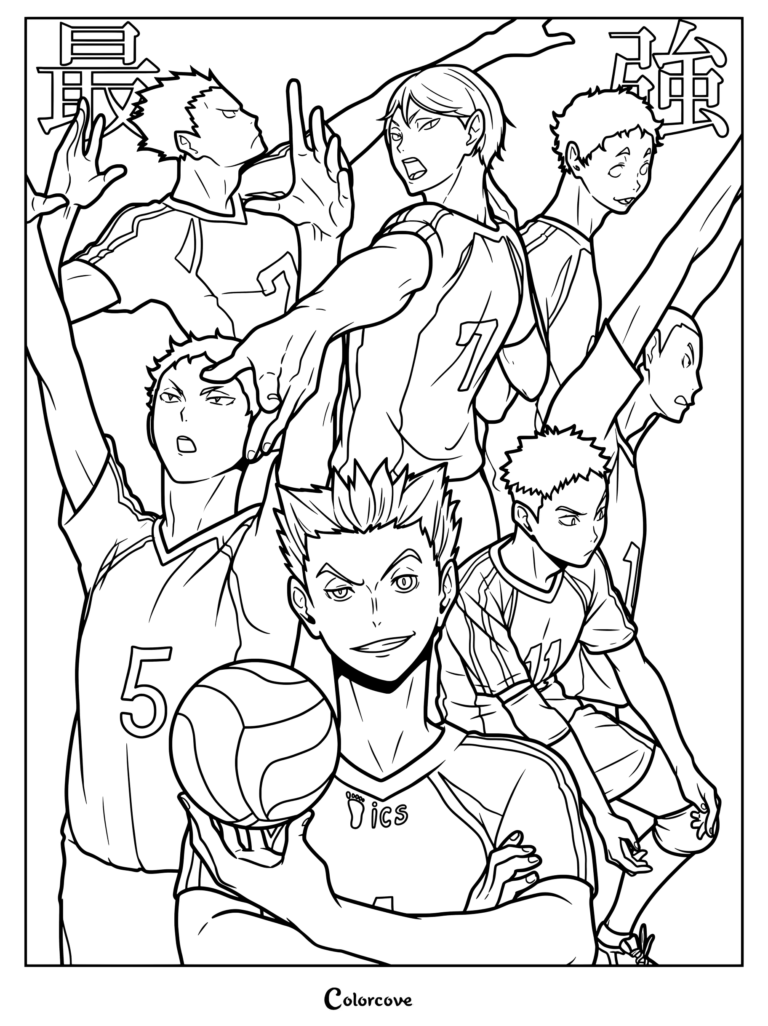 Página para colorear gratis de Haikyu con el equipo de vóleibol de Fukurodani Academy en poses de acción.