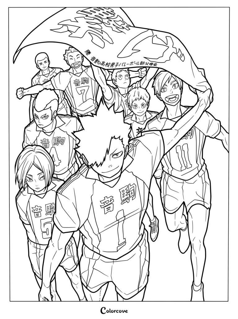 Página para colorear de Haikyu con el equipo de vóleibol de Nekoma High sosteniendo una pancarta del Vol. 34 Cats' Claws de Haruichi Furudate.