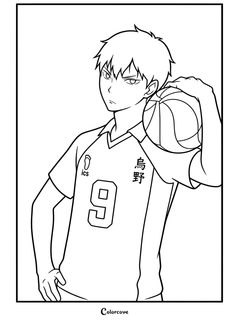 Tobio Kageyama sosteniendo un balón de vóleibol con el jersey número 9 de Karasuno en página para colorear de Haikyu.