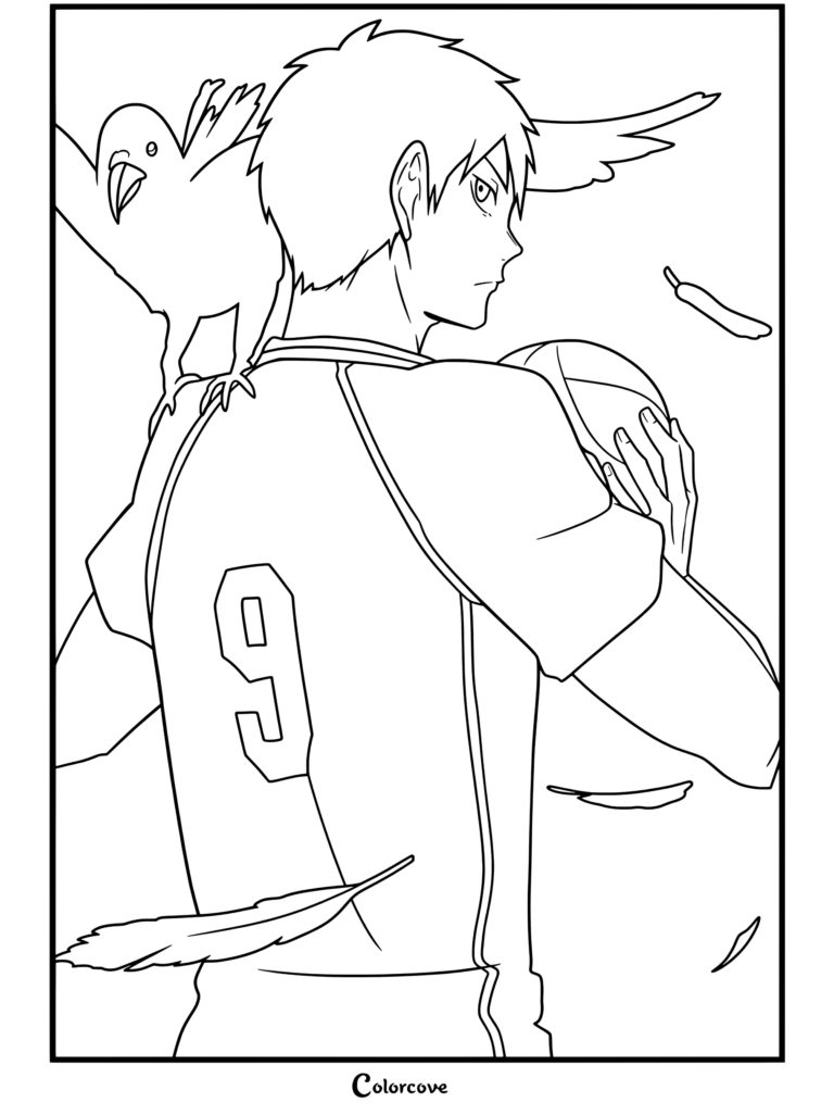 Tobio Kageyama sosteniendo un balón de vóleibol con un cuervo en el hombro y plumas flotando en esta página para colorear de Haikyu.
