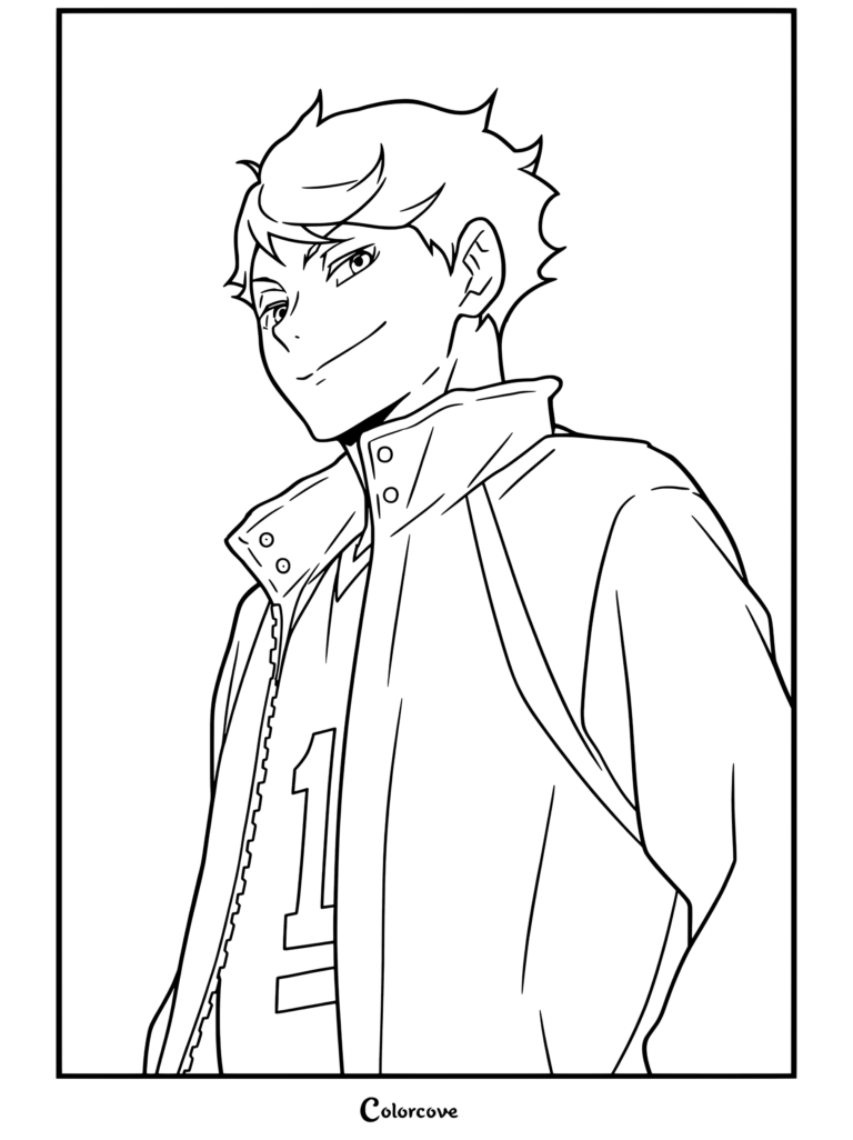 Una página para colorear de Haikyu con Toru Oikawa sonriendo con confianza en su uniforme de vóleibol de Aoba Johsai y chaqueta blanca con el número uno.
