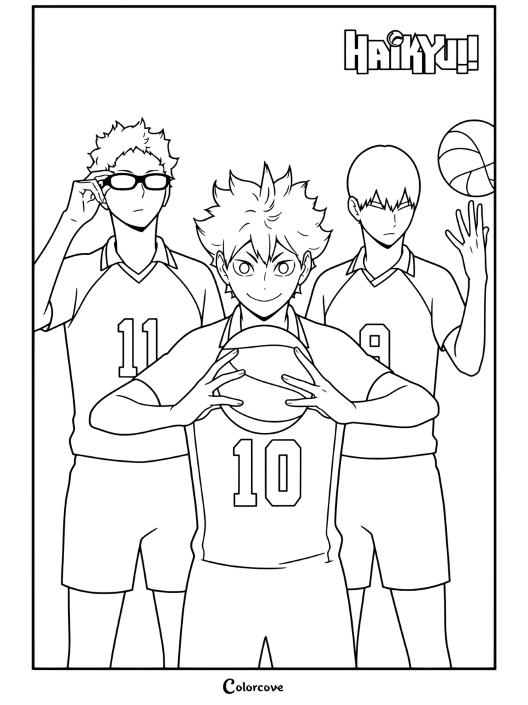 Página para colorear imprimible de los miembros del equipo de voleibol de la escuela secundaria Karasuno de Haikyu, Kei Tsukishima, Shoyo Hinata y Tobio Kageyama, posando juntos con balones de voleibol.