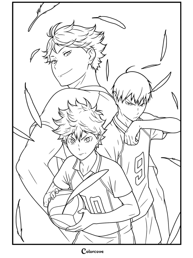 Página para colorear de Haikyu con Toru Oikawa, Tobio Kageyama y Shoyo Hinata con un balón de voleibol y plumas cayendo.
