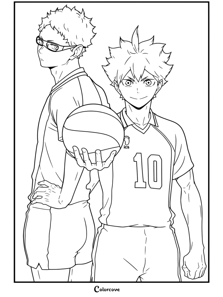 Página para colorear de Kei Tsukishima y Shoyo Hinata sosteniendo un balón de voleibol con uniformes de Karasuno para los fans de Haikyu