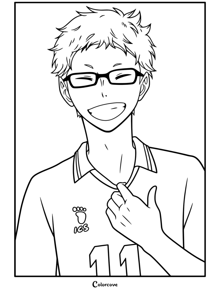 Página para colorear de Haikyu con Kei Tsukishima sonriendo mientras tira del cuello de su uniforme de vóleibol de Karasuno.