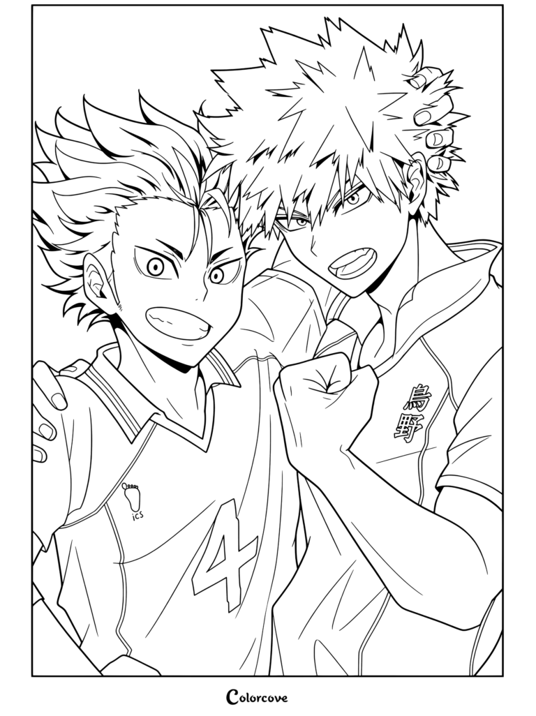 Yu Nishinoya y Katsuki Bakugo con los uniformes de vóleibol de Karasuno sonriendo y posando juntos en página para colorear para fans de Haikyu