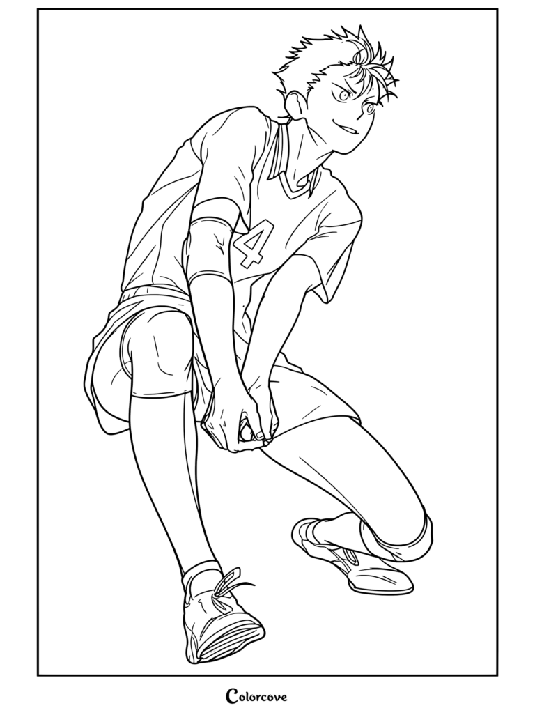 Yu Nishinoya agachado listo para recibir un balón de voleibol en su uniforme de Karasuno, presentado en una página para colorear de Haikyu.