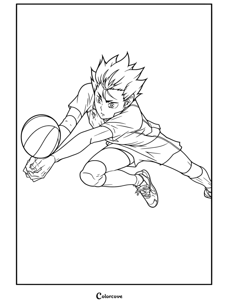 Página para colorear gratuita de Haikyu de Yu Nishinoya lanzándose bajo para recibir un balón de voleibol con su uniforme de Karasuno