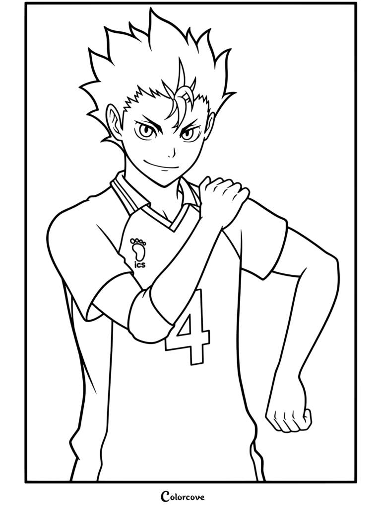 Página para colorear gratuita de Haikyu de Yu Nishinoya vistiendo la camiseta de voleibol naranja de Karasuno número cuatro posando con confianza con el brazo levantado
