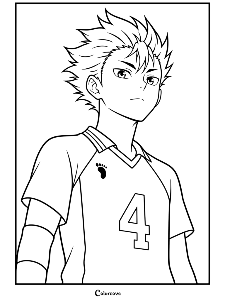 Página para colorear imprimible de Haikyu de Yu Nishinoya vistiendo una camiseta de voleibol de Karasuno con el número 4 y una expresión decidida.