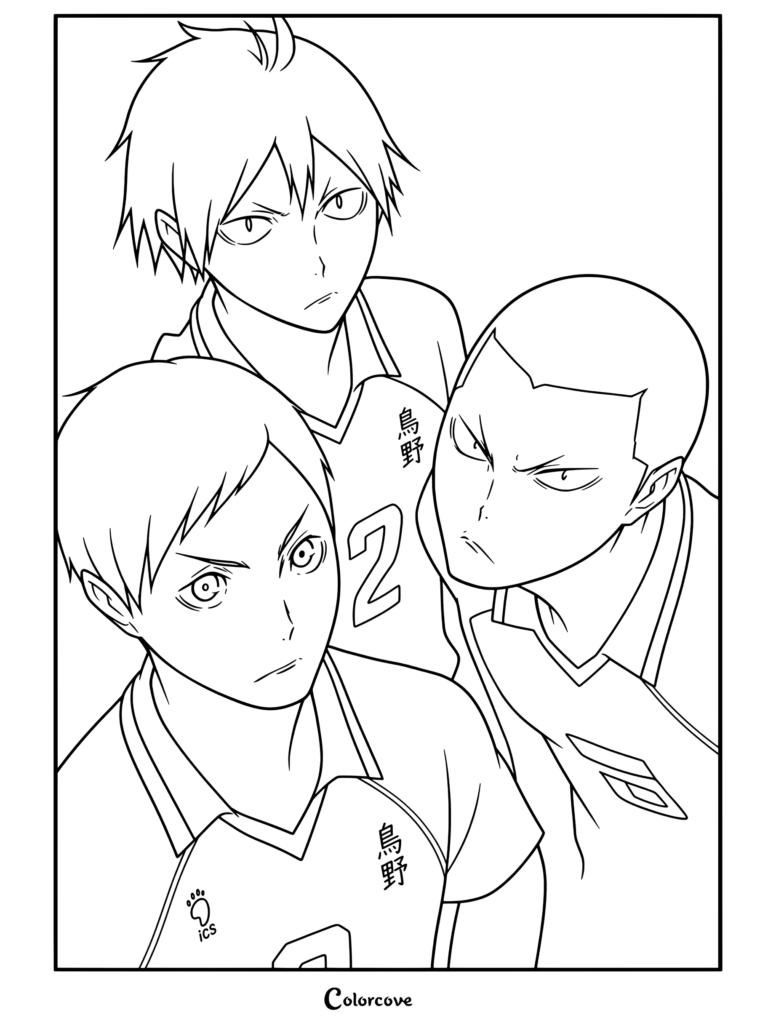 Estudiantes de segundo año de Karasuno, Ennoshita, Kinoshita y Tanaka con expresiones decididas en página para colorear de Haikyu