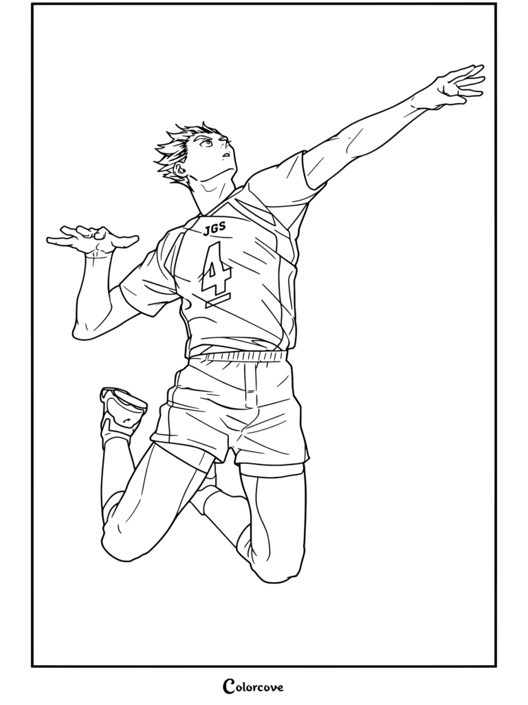 Kotaro Bokuto saltando en el aire rematando un balón de vóleibol con determinación y el jersey número 4 en una página para colorear de Haikyu.