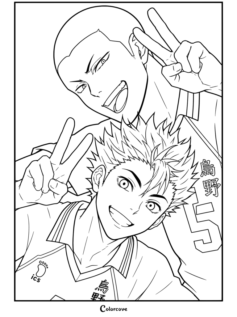 Página para colorear de Haikyu con Ryunosuke Tanaka y Yu Nishinoya sonriendo y haciendo signos de paz mientras visten los jerseys de Karasuno