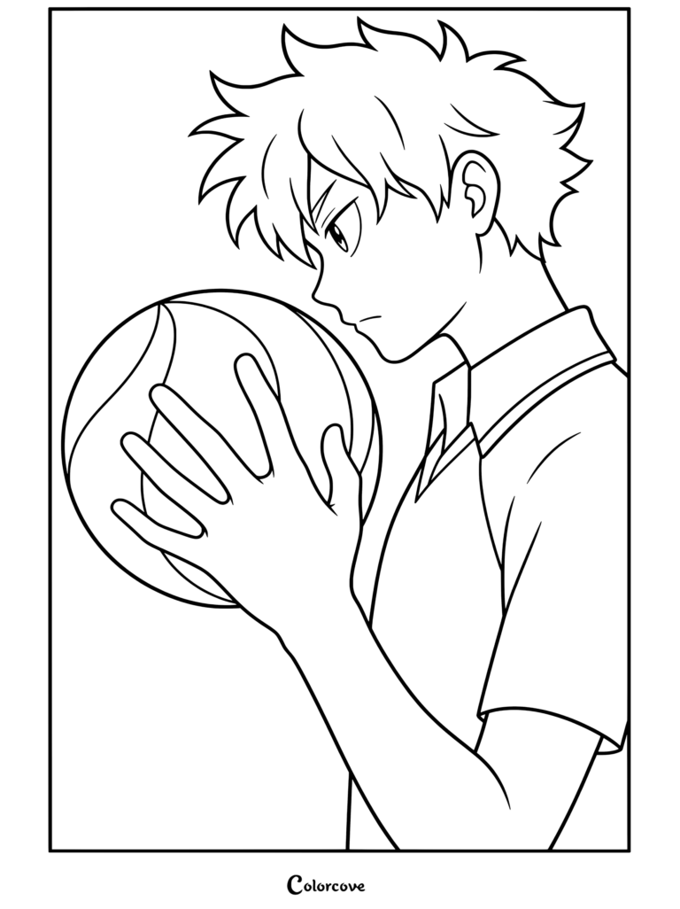 Página para colorear de vista de perfil de Shoyo Hinata sosteniendo un balón de voleibol en su uniforme de Karasuno para los fans de Haikyu.