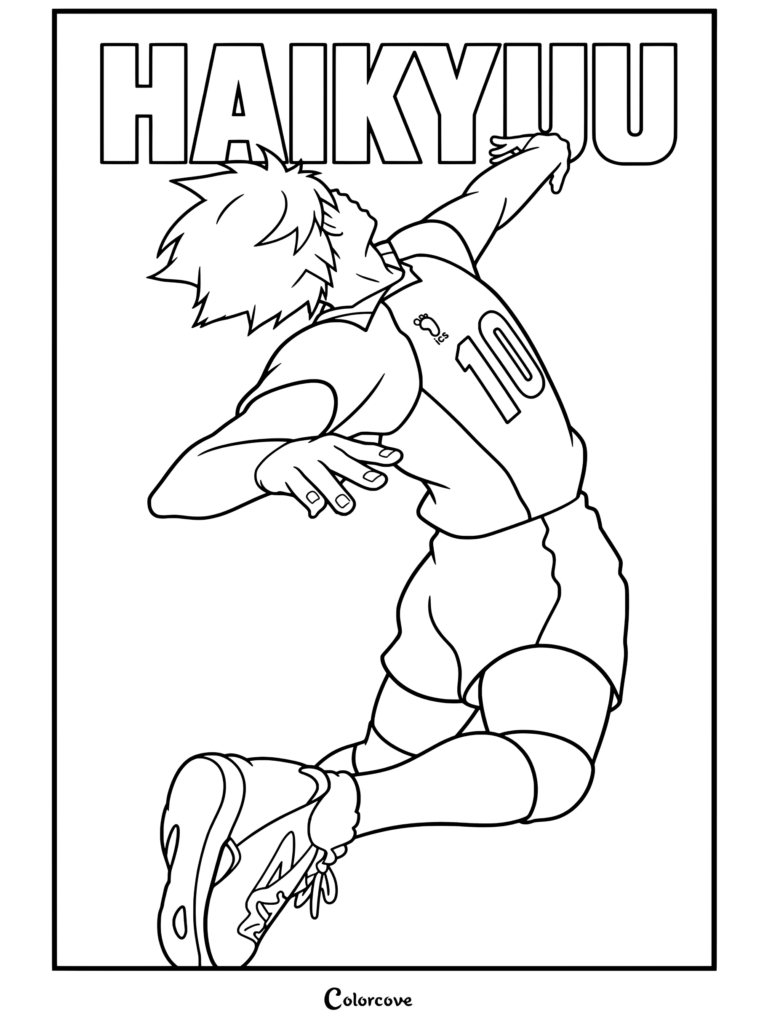 Página para colorear de Haikyu con Shoyo Hinata rematando con una pose dinámica contra un fondo rojo.