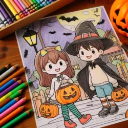 Halloween-themed coloring page of two kids in costumes holding jack-o'-lanterns, surrounded by crayons and a pumpkin.