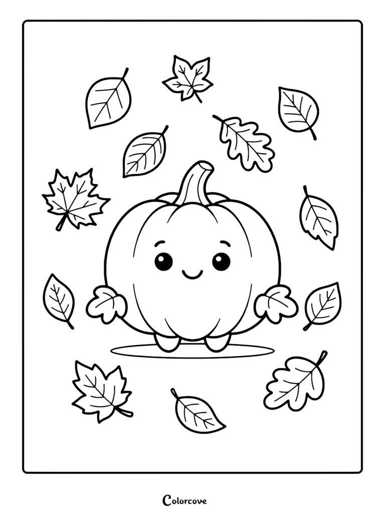A cute smiling pumpkin character surrounded by various falling autumn leaves in this printable coloring page.