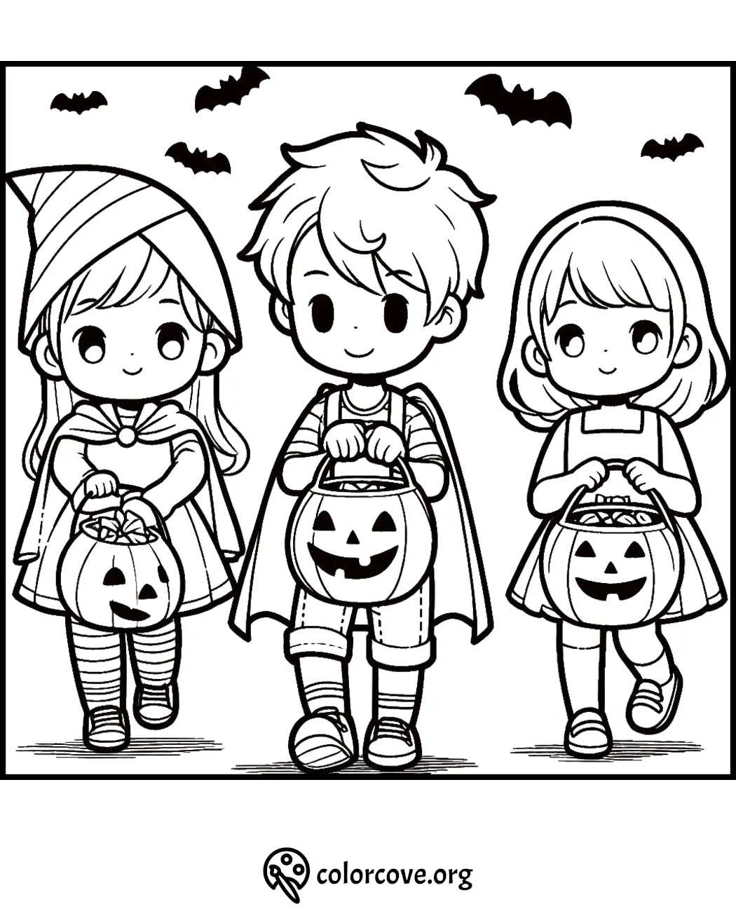 Kids in Halloween costumes with pumpkin buckets walking under bats, ready for trick-or-treating. Coloring page.