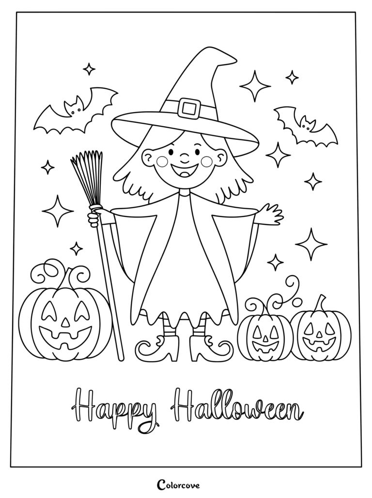 A happy witch holding a broomstick surrounded by three jack-o'-lanterns and flying bats in this Halloween coloring page.