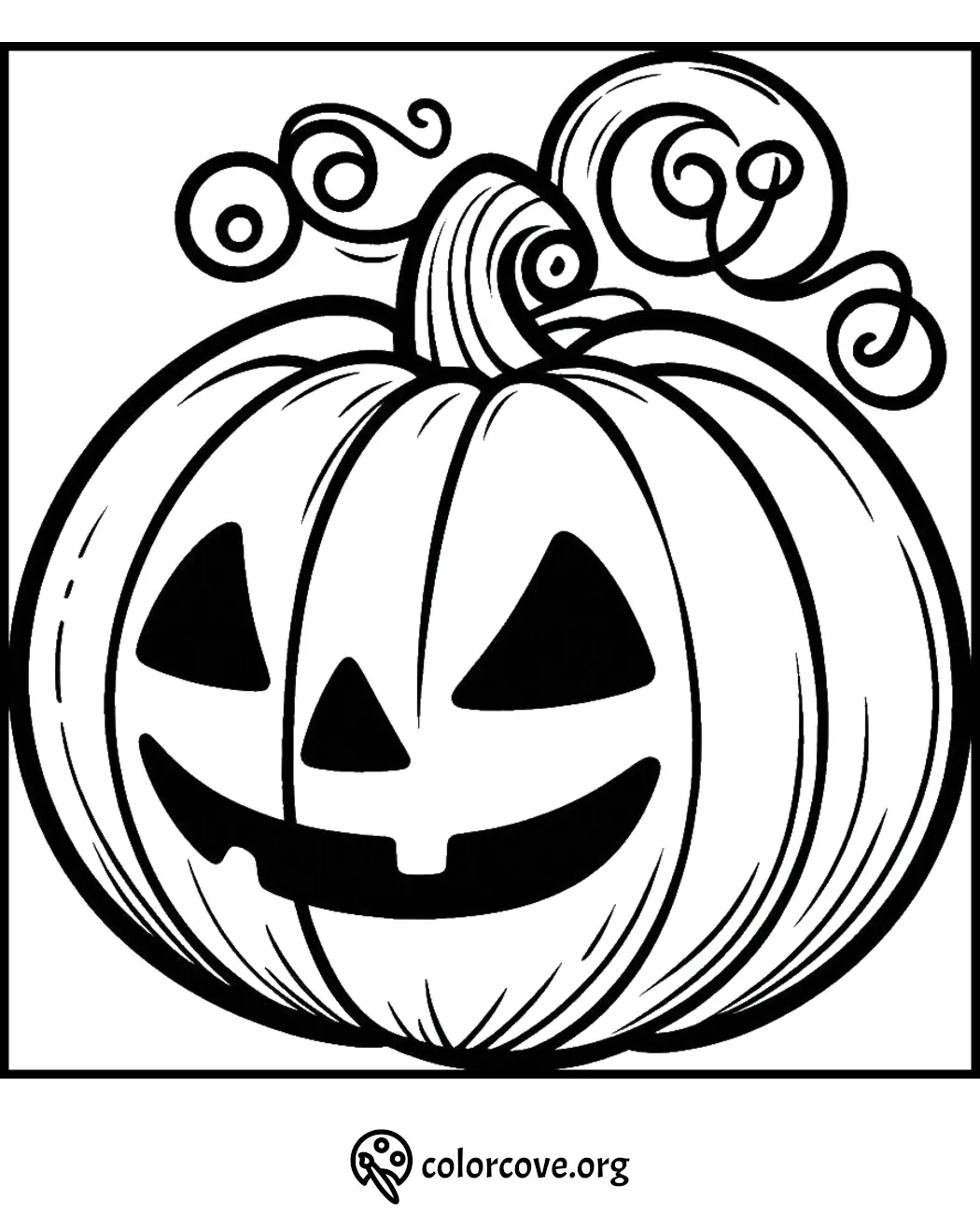 Halloween pumpkin coloring page featuring a jack-o'-lantern with a curly stem design. Printable fun for kids.