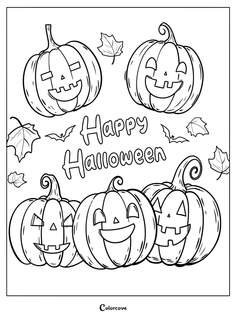 Five smiling jack-o'-lanterns with maple leaves and bats surrounding Happy Halloween text on a coloring page.
