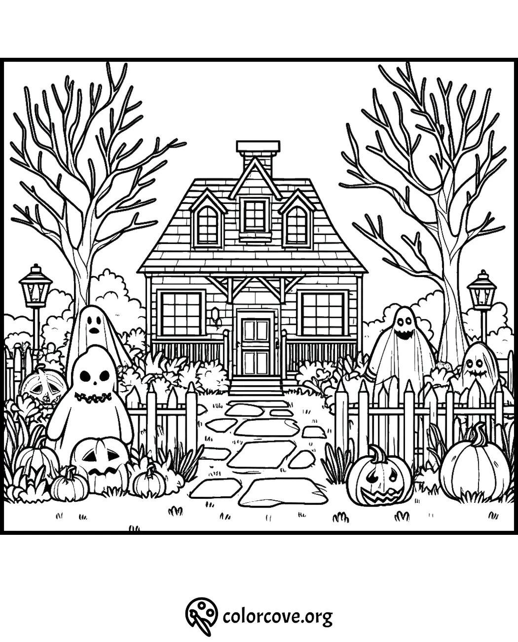 Haunted house coloring page with ghosts, pumpkins, and spooky decorations, perfect for Halloween fun and creative coloring.