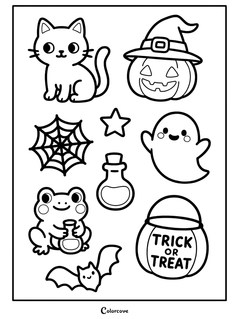 Collection of cute Halloween icons including a cat and ghost.