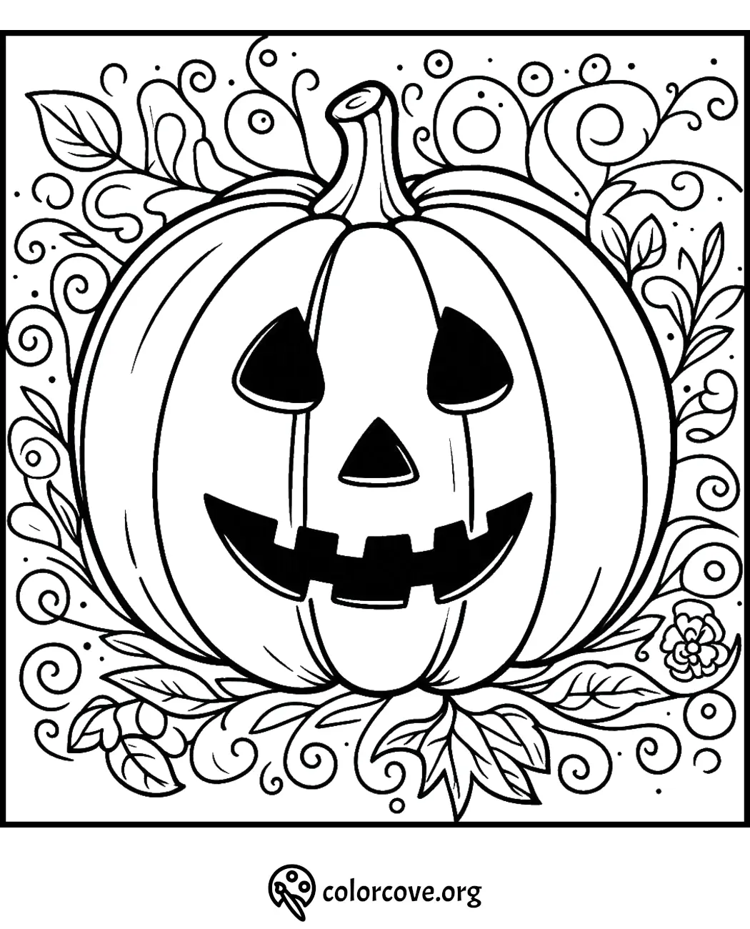 Halloween pumpkin coloring page with swirling vine patterns and leaves. Perfect for kids and holiday fun activities.