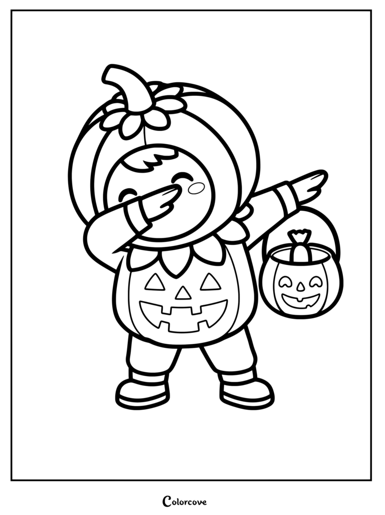A cute child wearing a pumpkin costume dabbing while holding a jack-o'-lantern candy bucket in this Halloween coloring page.