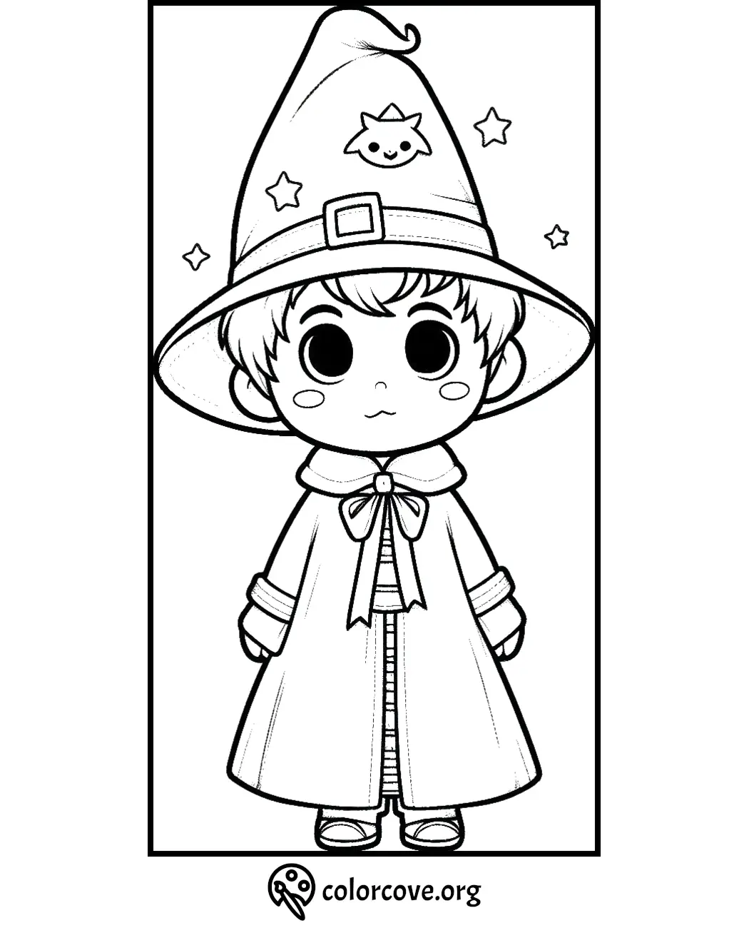 Cute coloring page of a cartoon child in wizard costume, including a starry hat and long robe, from colorcove.org.