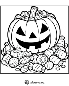 Halloween coloring page featuring a jack-o'-lantern surrounded by various candies. Download and color from colorcove.org.