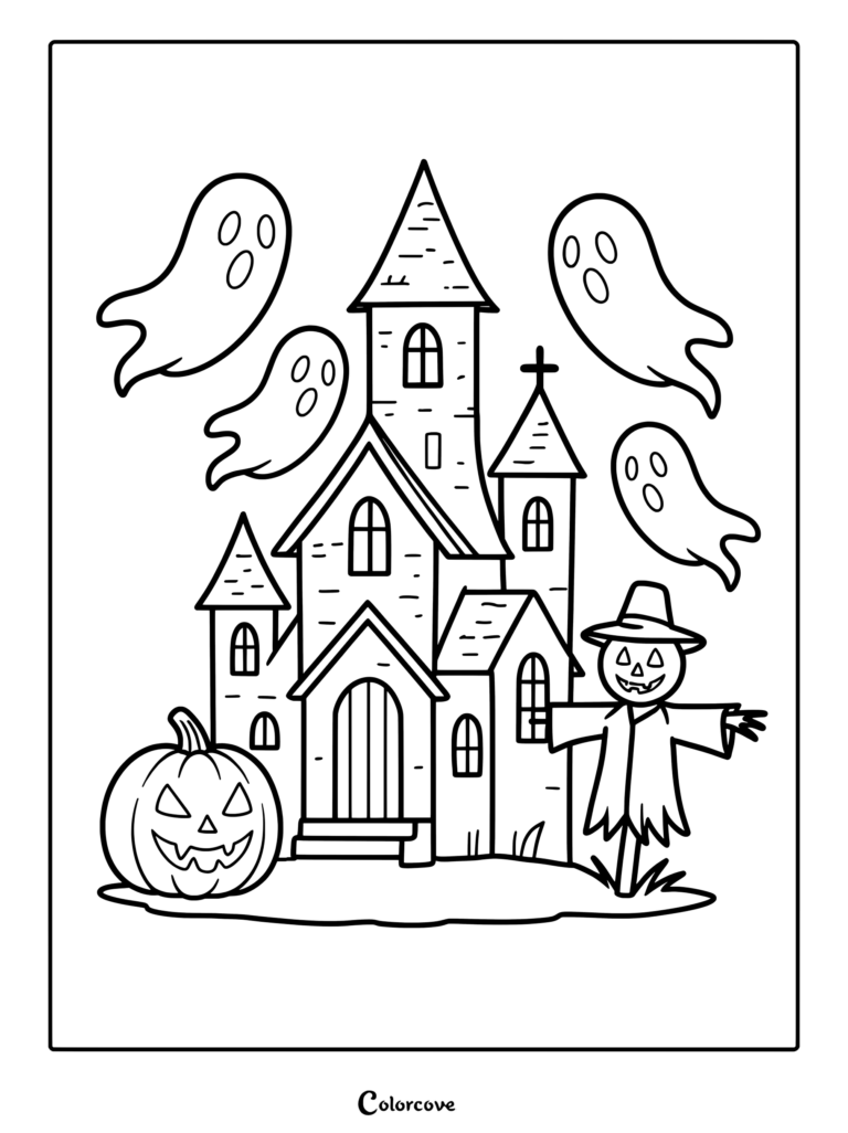 A printable Halloween coloring page featuring a spooky haunted house, three floating ghosts, a jack-o'-lantern, and a scarecrow.