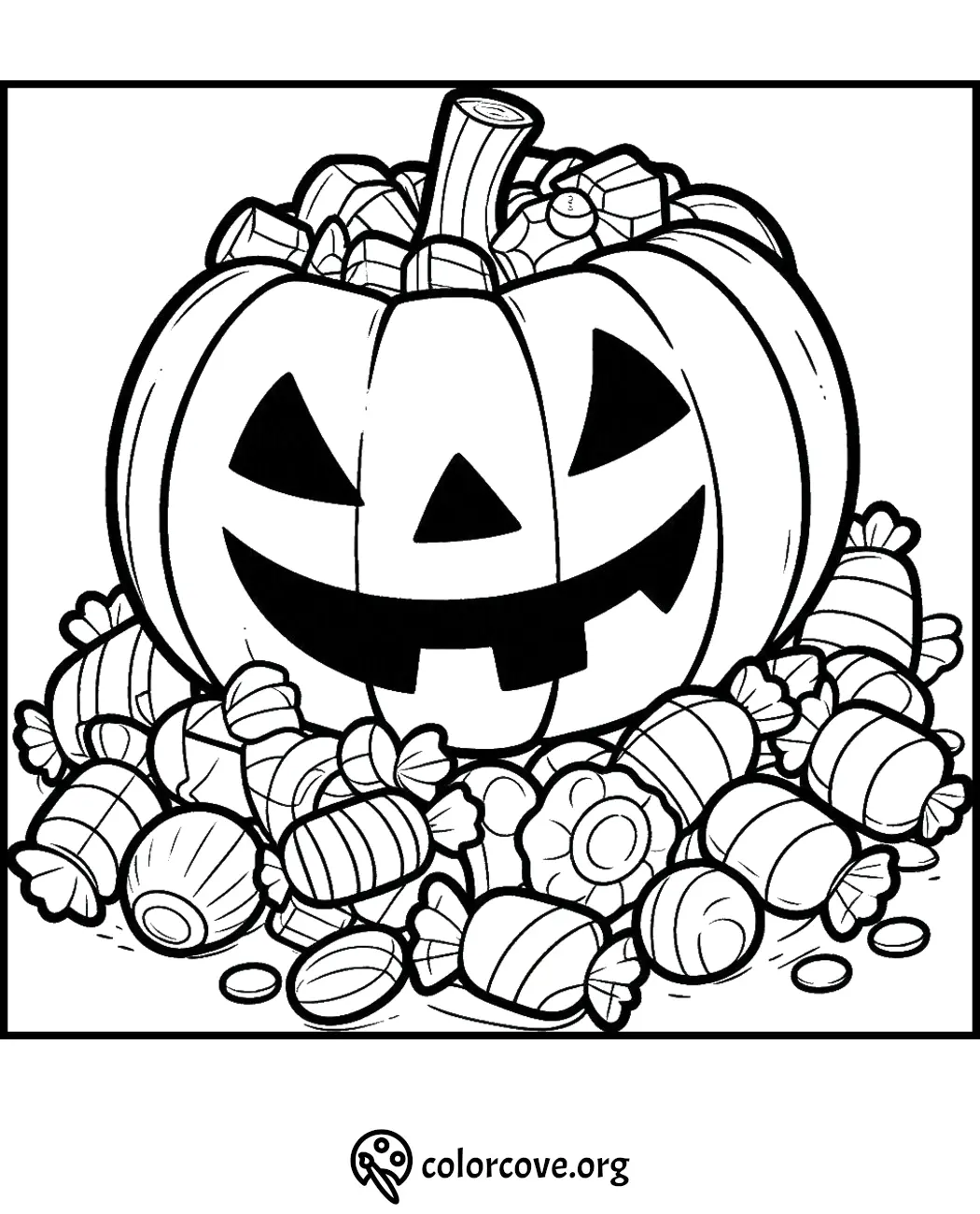 Halloween coloring page featuring a jack-o'-lantern surrounded by various candies. Download and color from colorcove.org.