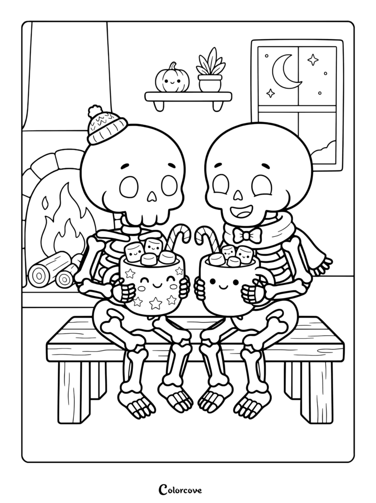 Two cute skeletons wearing winter accessories sitting on a bench by a fireplace holding mugs of hot cocoa, printable coloring page.
