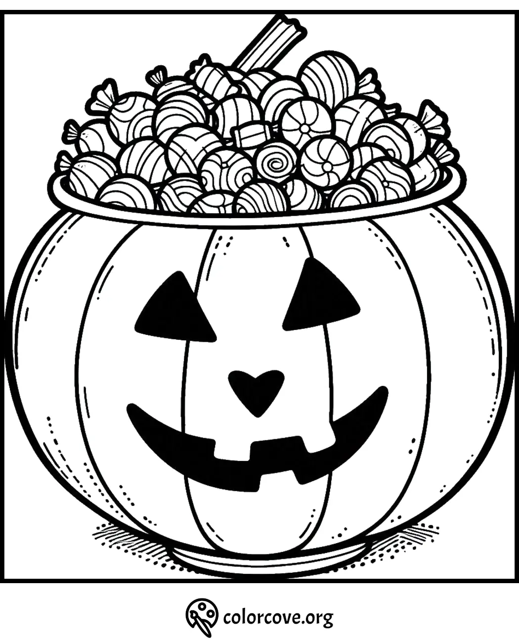 Halloween coloring page of a pumpkin filled with assorted candy, featuring a classic jack-o'-lantern face.