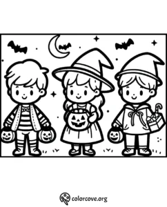 Children in Halloween costumes with pumpkin baskets coloring page, featuring a witch and two friends. Perfect for kids!