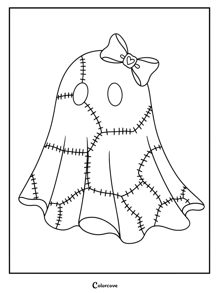 A cute ghost made of stitched fabric patches wearing a heart-centered bow on its head, line art coloring page.