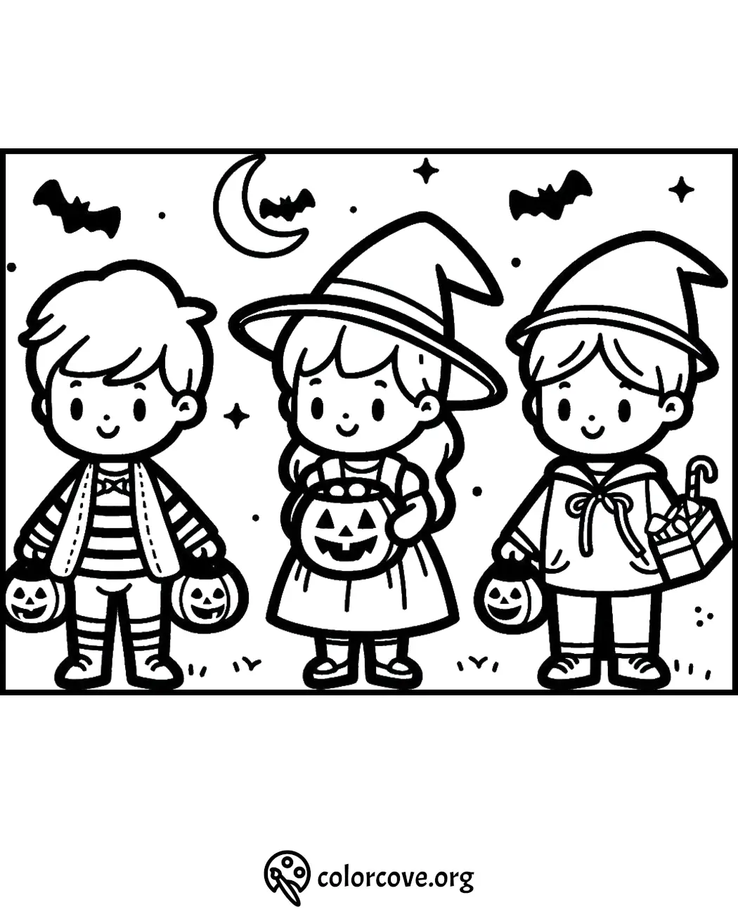 Children in Halloween costumes with pumpkin baskets coloring page, featuring a witch and two friends. Perfect for kids!