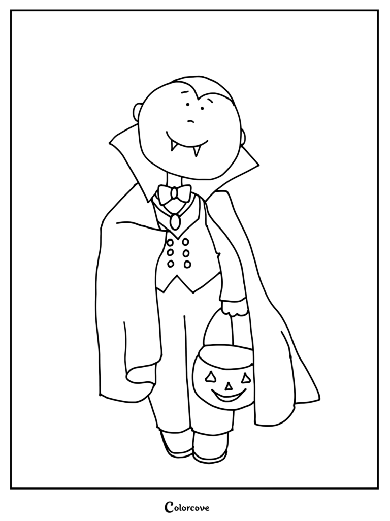 A simple line art coloring page of a cute vampire wearing a cape and holding a jack-o'-lantern candy bucket.