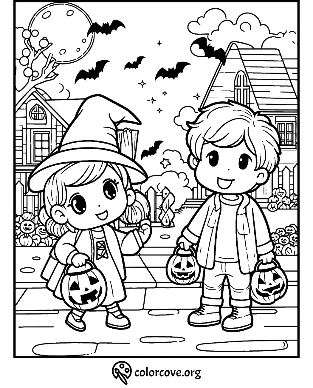 Children in Halloween costumes holding pumpkin buckets, with a moon and bats in the background. Coloring page for kids.