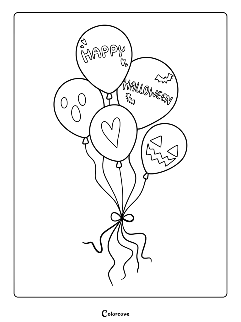 A festive Halloween balloons coloring page featuring a ghost, a jack-o'-lantern, and balloons decorated with hearts, bats, and Happy Halloween text.