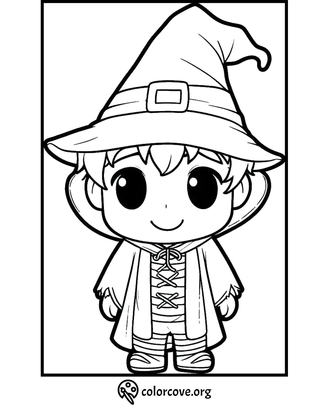 Cute witch coloring page for kids with big eyes, hat, and a smile. Free printable from colorcove.org.